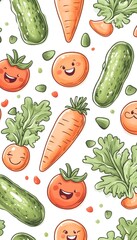 Cheerful vegetables pattern featuring cucumbers, carrots, and tomatoes with happy faces