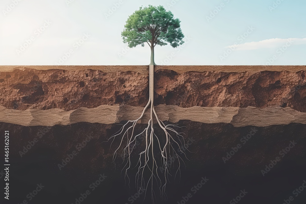 Poster tree above ground with visible roots beneath the soil layer.