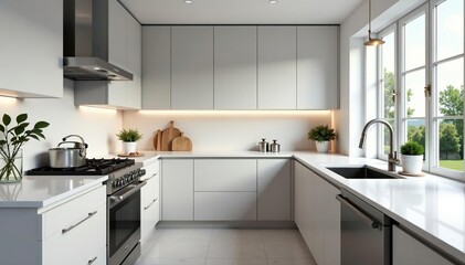 Fototapeta premium Clean modern kitchen with stainless steel appliances and granite countertops, refrigerator, modern kitchen, home decor