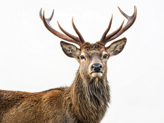 A majestic red deer stag with large antlers stares directly at the camera against a bright white background.