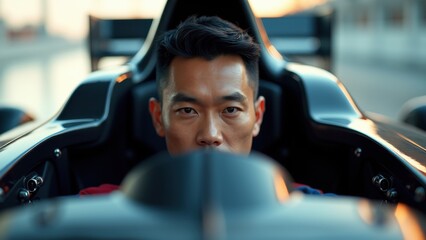 Racing car driver on the road. Close-up portrait of a young asian man driving his car