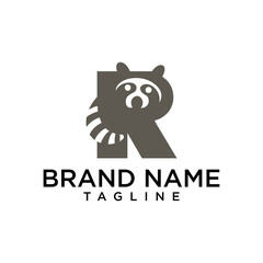 The letter R is combined with a cute and bold raccoon illustration, symbolizing intelligence and curiosity. Ideal for kid-friendly brands, entertainment, or creative projects.