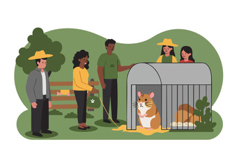 Diverse adopters interact with a hamster in a shelter setting. A heartwarming scene showcasing animal adoption and community. Bright, friendly illustration.