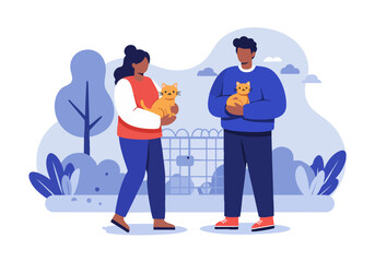 Diverse couple adopts shelter pets outdoors. Warm colors, friendly expressions, and a welcoming scene. Ideal for animal welfare campaigns and adoption promotions.
