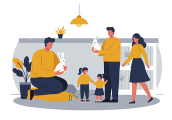 A joyful family adopts a rabbit, capturing a heartwarming moment in their home. Bright colors and a loving atmosphere create a positive and appealing image.