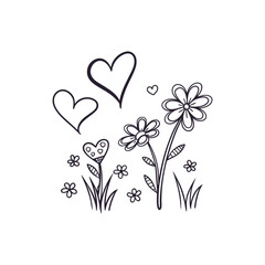 Simple doodle of hearts and flowers hand drawn