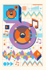 Colorful music loudspeaker with notes on retro styled geometrical background - musical design