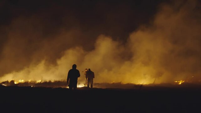 Experienced firefighter in professional in safety uniform and helmet extinguishing a wildland fire deep in the woods. spraying water in dark night
