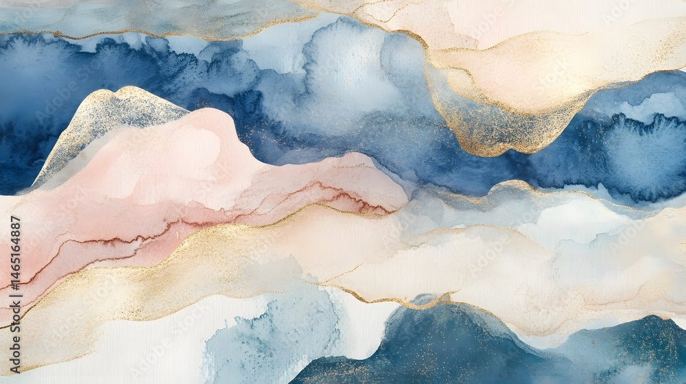 Poster dreamy watercolor rendering of a serene mountain landscape with hazy abstract forms and a soft paste