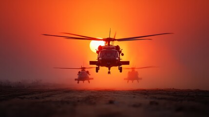 Helicopter silhouettes against a sunset sky, symbolizing military operations