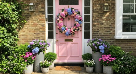 Pink front door with floral wreath