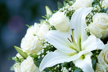Fototapeta premium White lily and roses in wedding bouquet
