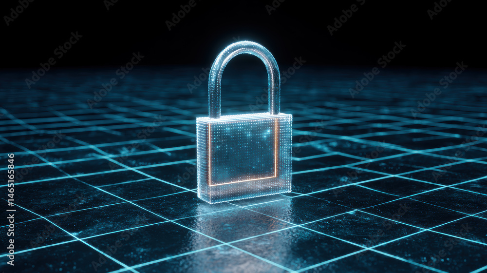 Poster digital padlock symbolizing cybersecurity on a grid background at night with glowing effects and fut