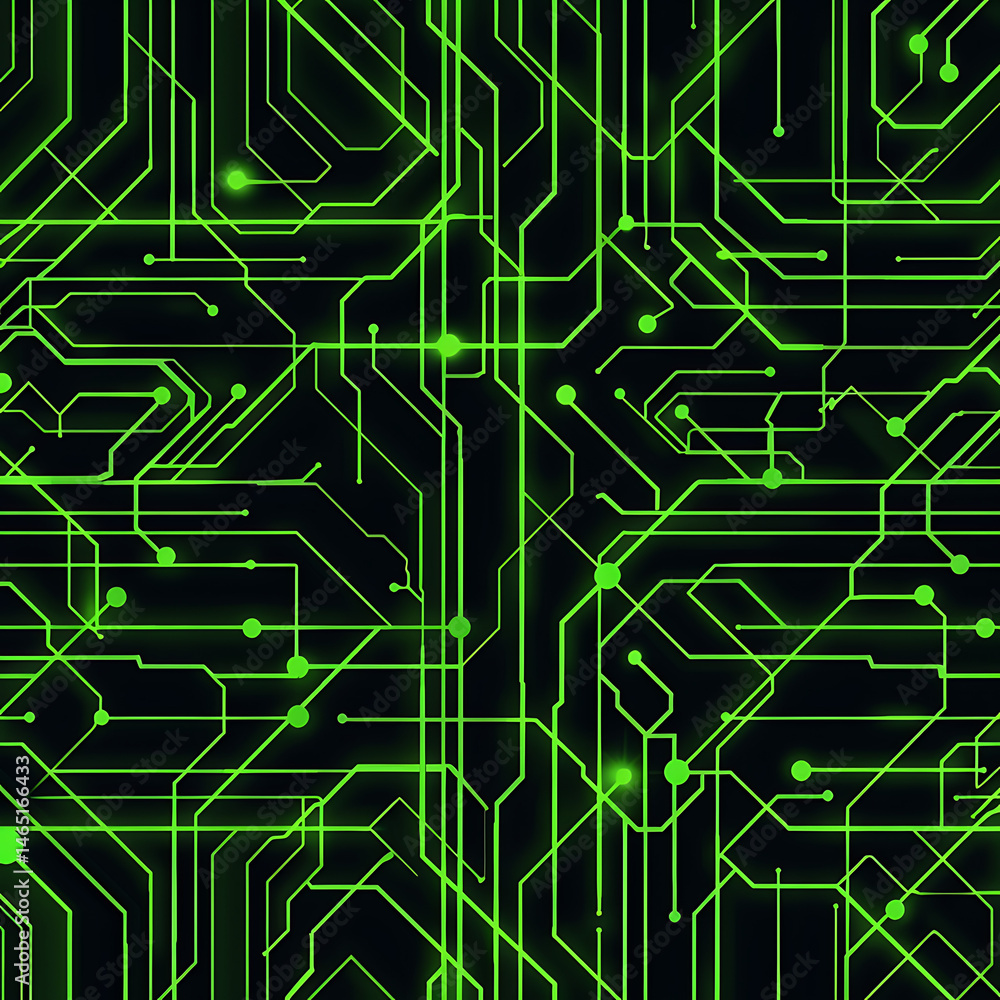 Poster stylized green circuit board pattern with glowing nodes on a black background, representing technolo