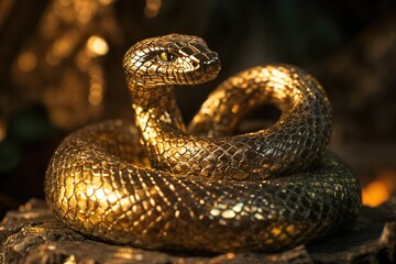 Obraz premium Golden snake sculpture on tree stump