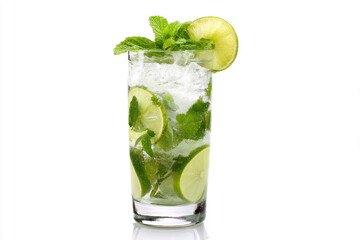 Refreshing mint lime beverage filled with ice and garnished with herbs ready to quench thirst on a warm day