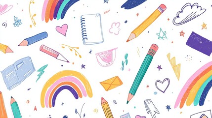 Vibrant Pattern of Colorful Pencils and Stationery Items