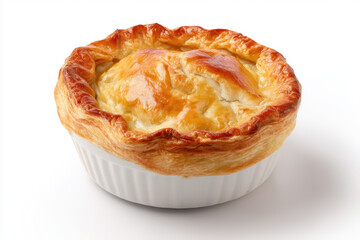 Savory chicken pot pie baked in a golden crust served in a white ceramic dish with a flaky top layer