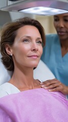 Fototapeta premium Mature woman in examination room receiving comforting hand at consultation appointment skin analysis checkup at dermatology office