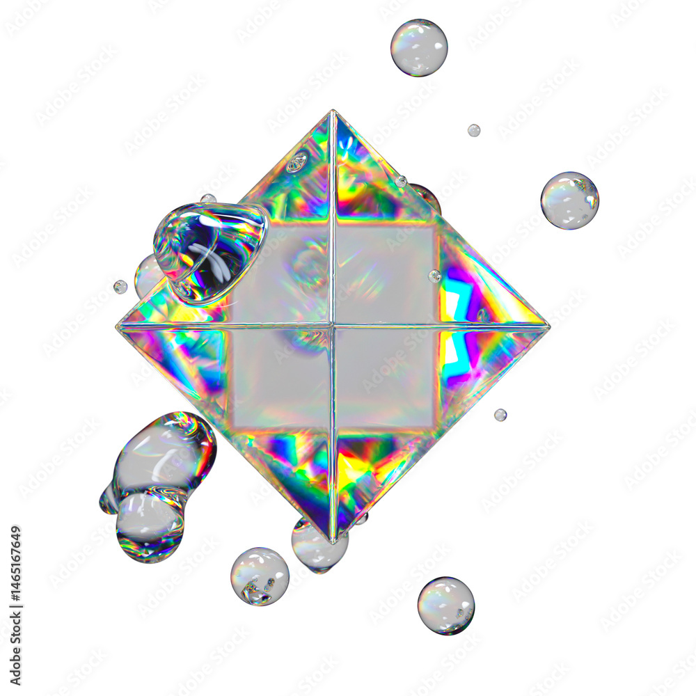 Poster metaball liquid transparent iridescent blobs with rotating octagon.