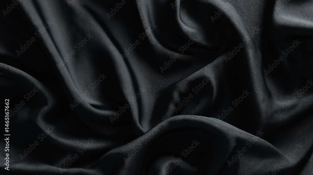 Poster soft black fabric drapes elegantly on a surface creating shadow and texture in natural light