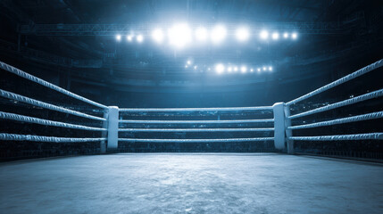 Professional boxing ring prepared for a night of intense matches under bright lights in an indoor arena