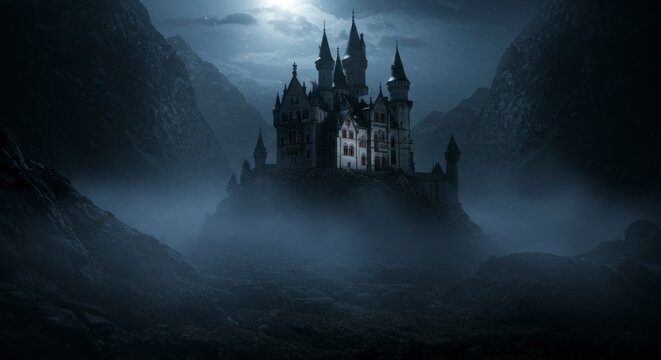 Misty mountaintop castle at night