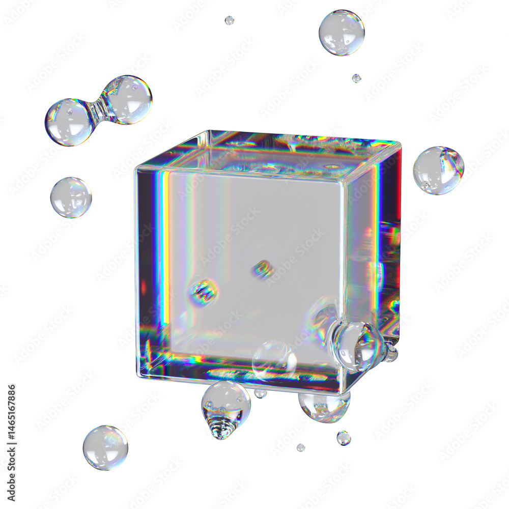 Poster metaball liquid transparent iridescent blobs with rotating cube.