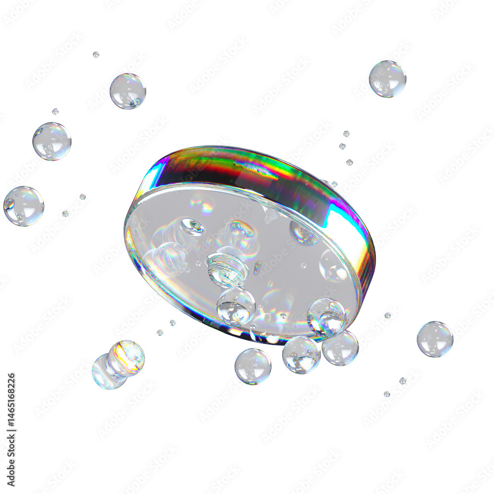 Poster metaball liquid transparent iridescent blobs with rotating disc.
