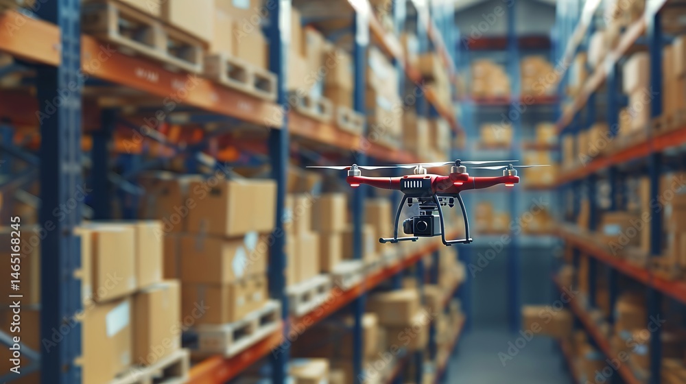 Poster drone with camera flying through a warehouse aisle with shelves of cardboard boxes, illustrating aut