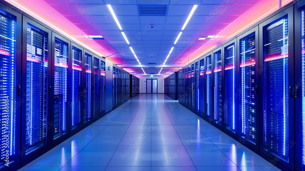 Poster symmetrical view down a futuristic server room or data center hallway, with racks illuminated by vib