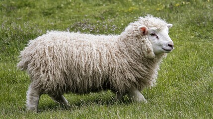 Fototapeta premium A fluffy lamb playing in a meadow, with soft, white wool and an innocent expression.