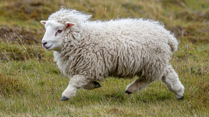 Fototapeta premium A fluffy lamb playing in a meadow, with soft, white wool and an innocent expression.