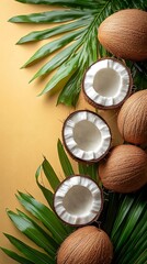 Tropical coconuts arranged with vibrant leaves on a pale background.