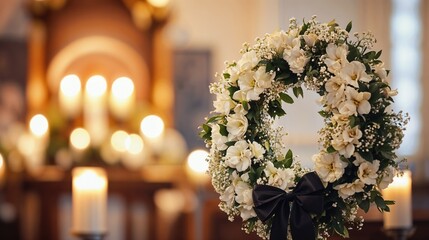 White funeral wreath and candles in peaceful ceremony