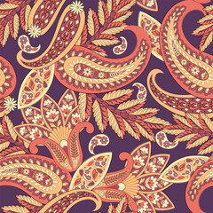 Paisley and ethnic flowers seamless vector pattern. floral vintage background