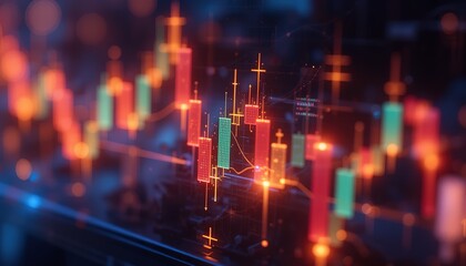 Fototapeta premium Abstract Candlestick Chart with Glowing Lines and Bokeh Backgrou