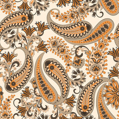 Paisley vector seamless pattern. Fantastic flower, leaves. Textile bohemian print. Batik painting. Vintage