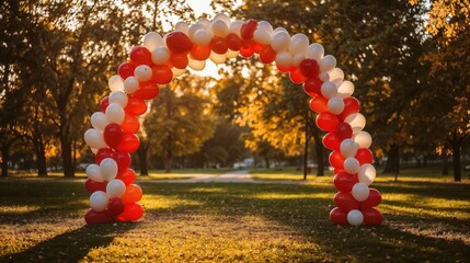 Red and white balloon arch glowing in fall park