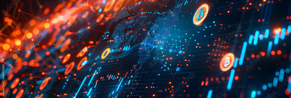 Poster abstract digital data stream with glowing currency symbols and particle effects in blue and orange, 