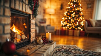Cozy Christmas living room with fireplace and lights