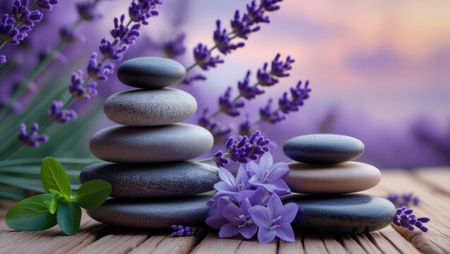 A peaceful and serene spa-inspired scene featuring a stack of smooth zen stones placed on a wooden surface next to fresh lavender flowers. perfect for wellness, spa, or aromatherapy themes. 