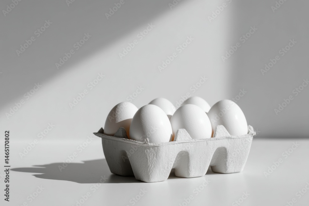 Poster Six White Eggs in a Minimalist Carton Resting on a Clean White Surface With Soft Shadows Generative AI