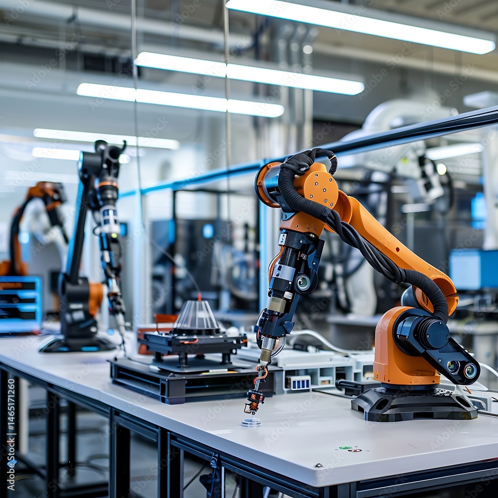 Poster robotic arms on a workbench in a modern laboratory or factory, assembling components, illustrating a