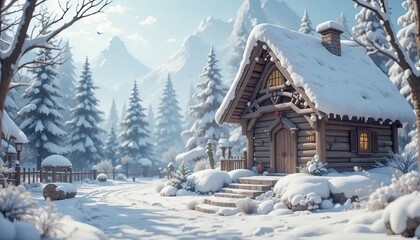 Fototapeta premium A Cozy Winter Cabin in the Snowy Mountains