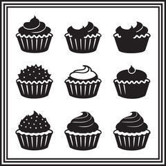 Cupcake silhouette set – vector collection of decorated cupcakes with frosting, sprinkles, and bite marks – dessert icons for bakery clipart, pastry design, and sweet illustrations