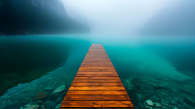Fototapeta Wooden Pier Extending into Misty Teal Lake