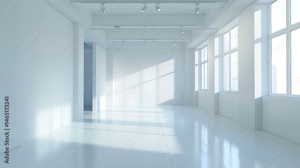 Aufkleber spacious empty white room or gallery with large windows allowing bright sunlight, creating a minimal