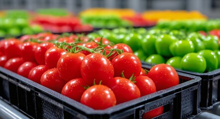 Fresh Tomatoes and Vegetables Arranged in Baskets at a Local Market During Harvest Season