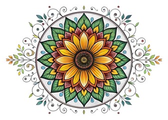 Stained Glass Sunflower Mandala, Fine-Line Tattoo Scrollwork and Radiant Colors